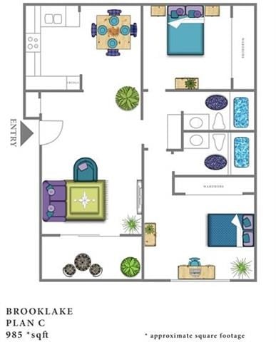 Floor plan for 2 beds, 2 baths, 985 sqft